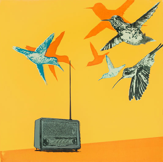 Anna Marrow, Artist, Sweet Soul Music, Print, Limited edition, Birds, Music, Orange, Blue, Turner Art Perspective, Essex Chelmsford Art Gallery
