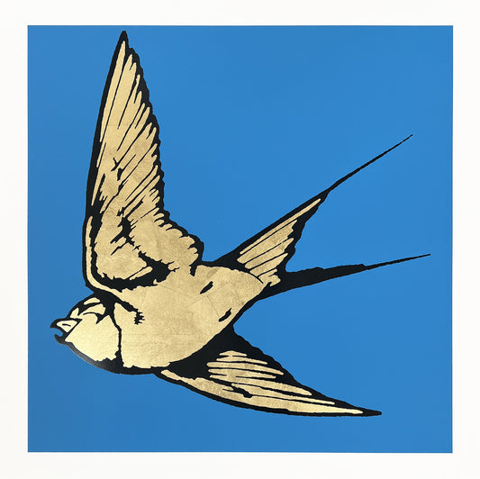 Dan Baldwin, Love and Light Deluxe - Blue, Bird, Swallow, Gold leafing, TAP Galleries, Essex Chelmsford Art Gallery