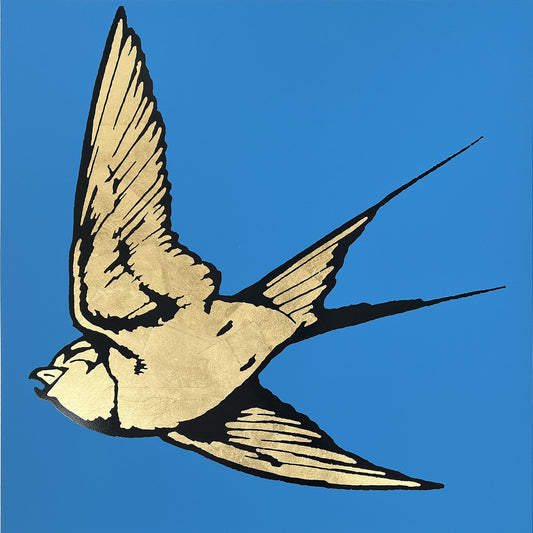 Dan Baldwin, Love and Light Deluxe - Blue, Bird, Swallow, Gold leafing, TAP Galleries, Essex Chelmsford Art Gallery