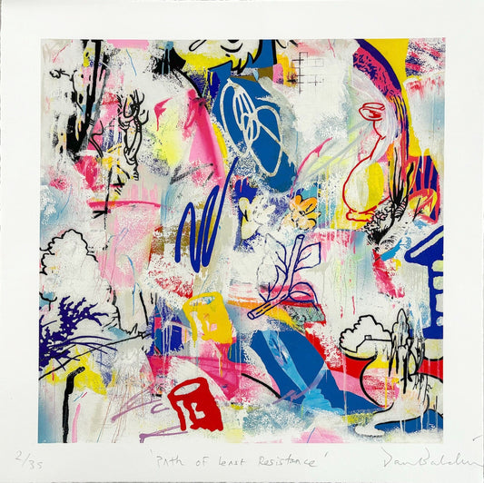 Dan Baldwin, Artist, Path of least resistance, Colourful, Colour, Red, Blue, Yellow, Pink, Silkscreen print, TAP Galleries, Essex Chelmsford Art Gallery