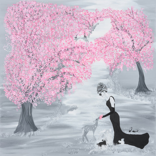 Jane Hepburn, Artist, Over The Rainbow, Audrey, Pink, Black and white, Fantasy, Breakfast At Tiffany's, TAP Galleries, Essex, Chelmsford Art Gallery 