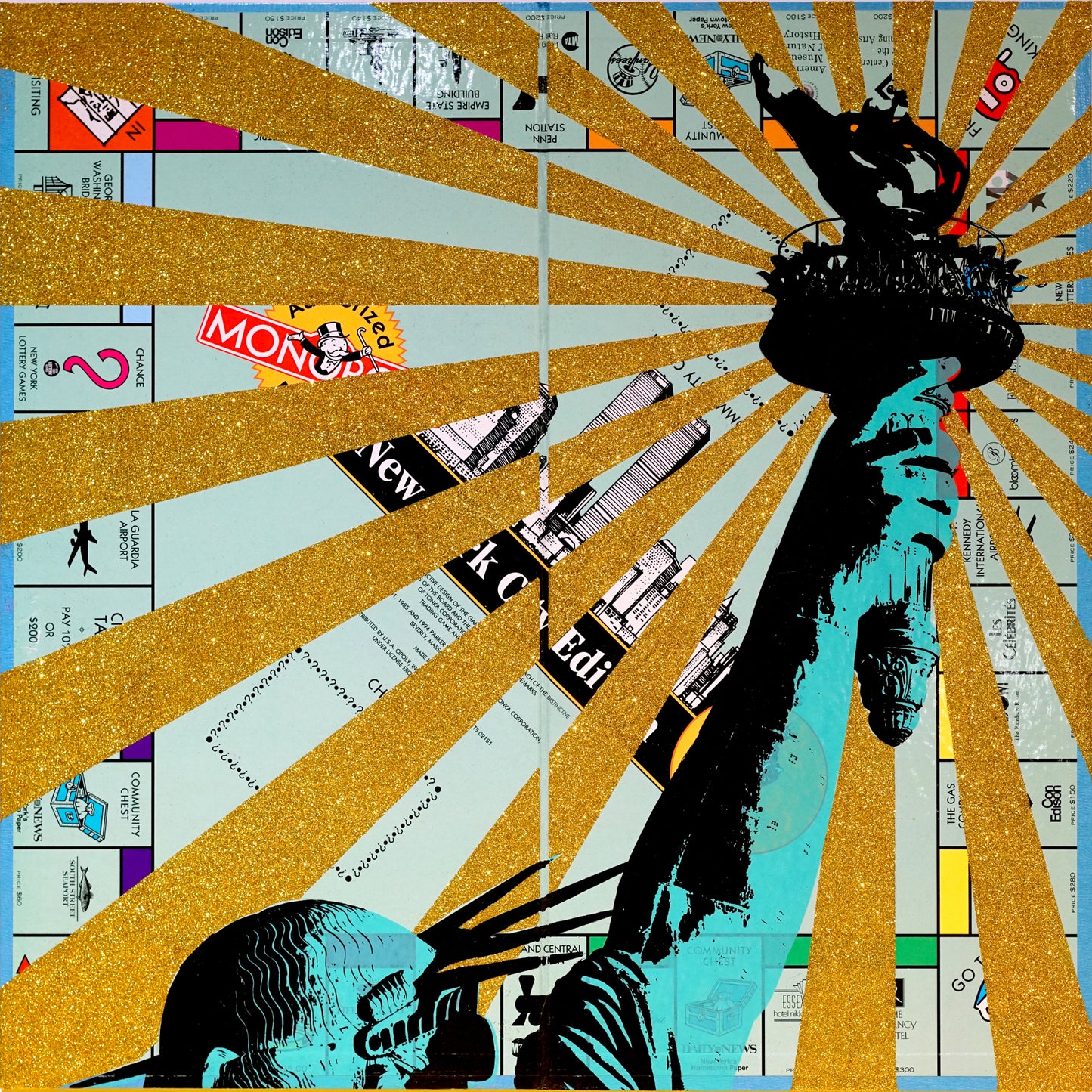 Jayson Lilley, Artist, Freedoms Light, New York, Statue Of Liberty, Monopoly Board, Pink, Glitter, Flowers, TAP Galleries, Essex, Chelmsford Art Gallery