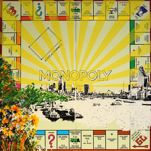 Jayson Lilley, Artist, Meet Me At Blackfriers, London, Monopoly Board, Yellow, Glitter, Flowers, TAP Galleries, Essex, Chelmsford Art Gallery
