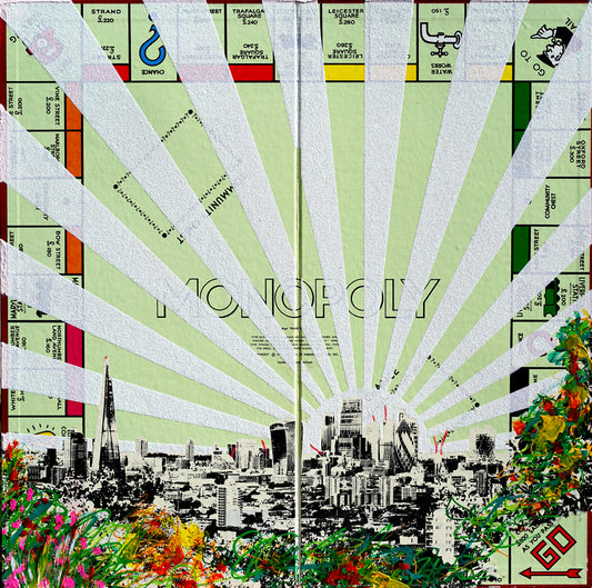 Jayson Lilley, Artist, Work and Play, Monopoly Board, London, Silver, Glitter, Flowers, TAP Galleries, Essex, Chelmsford Art Gallery