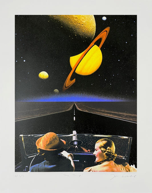 Joe Webb, Artist, The Trip, Paper size, Signature, Space, Car, Planet, Yellow, TAP Galleries, Essex, Chelmsford, Art Gallery