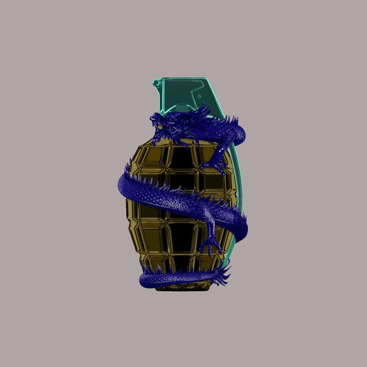 Magnus Gjoen, Come Not Between A Dragon And His Wrath - Blue Olive Green, Artist, Artwork, Grenade, Dragon, TAP Galleries