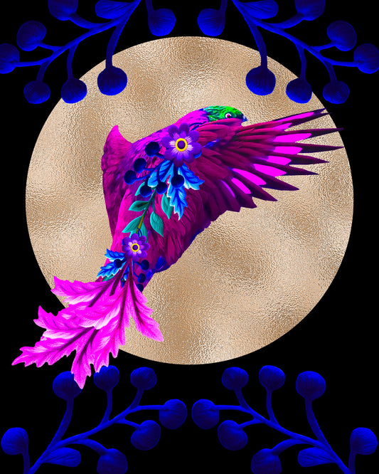 Sorcha Bridge, Artist, Purple Bird, Parrot, Gold Leaf, TAP Galleries, Essex Chelmsford Art Gallery