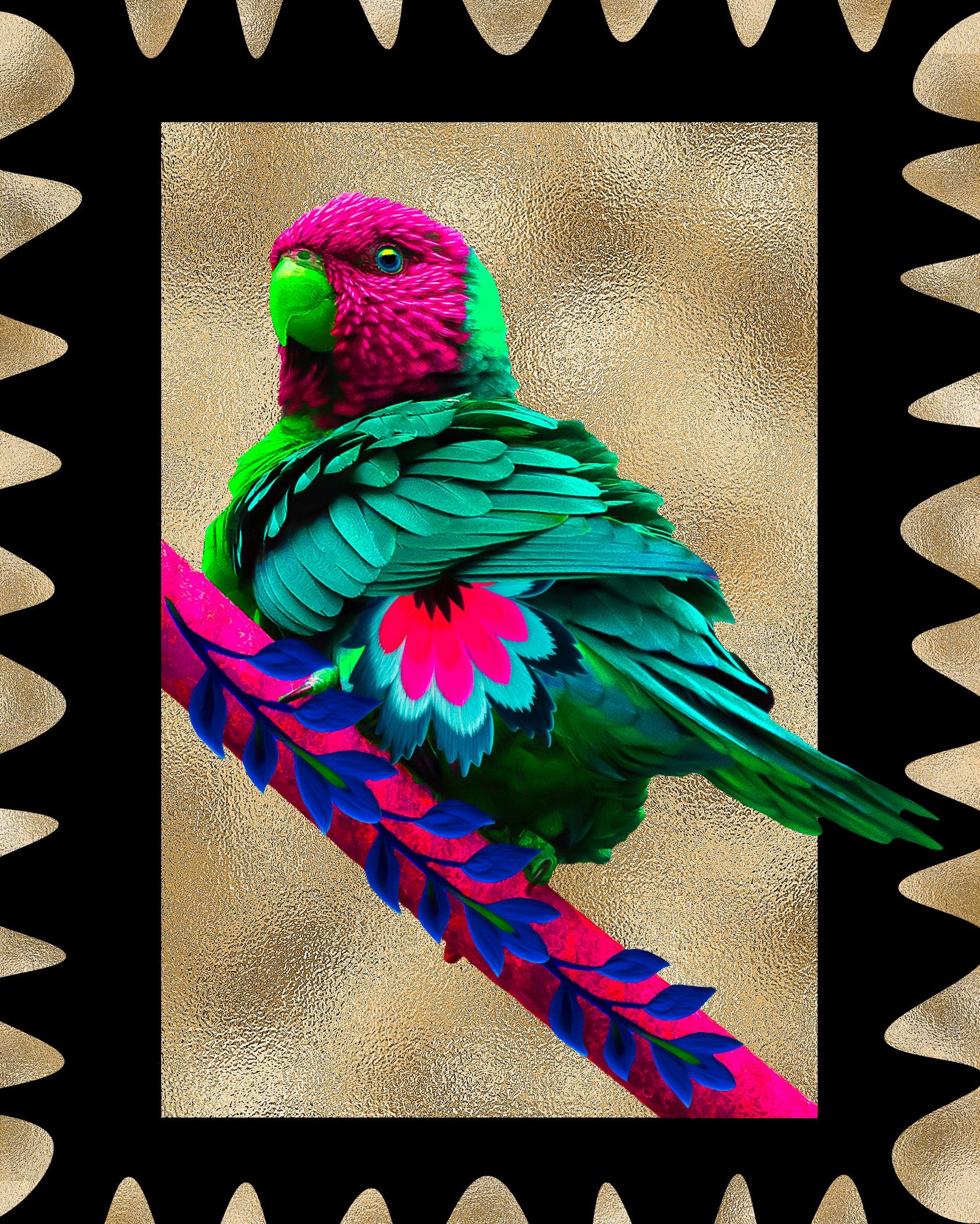 Sorcha Bridge, Artist, Love Bird, Parrot, Gold Leaf, TAP Galleries, Essex Chelmsford Art Gallery