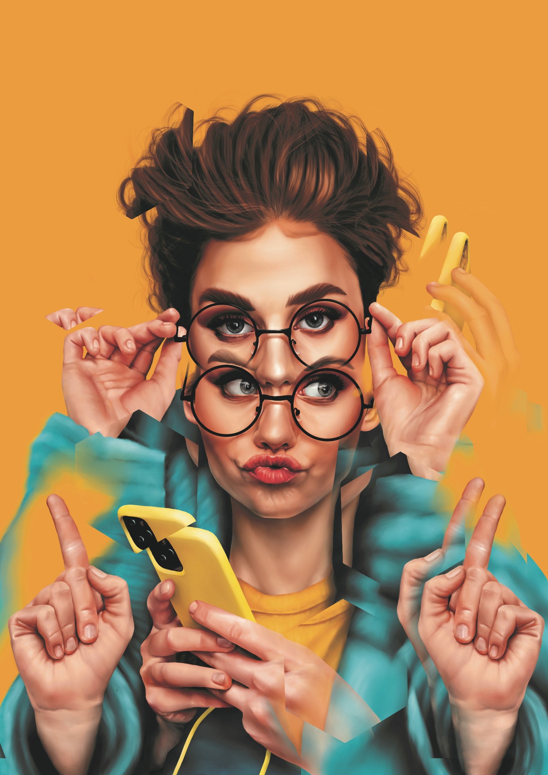 Wolf Blazar, Did I Roll My Eyes Too Loud, Blue, Orange, Glasses, Women, Phone, TAP Galleries, Essex Chelmsford Art Gallery