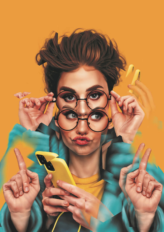 Wolf Blazar, Did I Roll My Eyes Too Loud, Blue, Orange, Glasses, Women, Phone, TAP Galleries, Essex Chelmsford Art Gallery