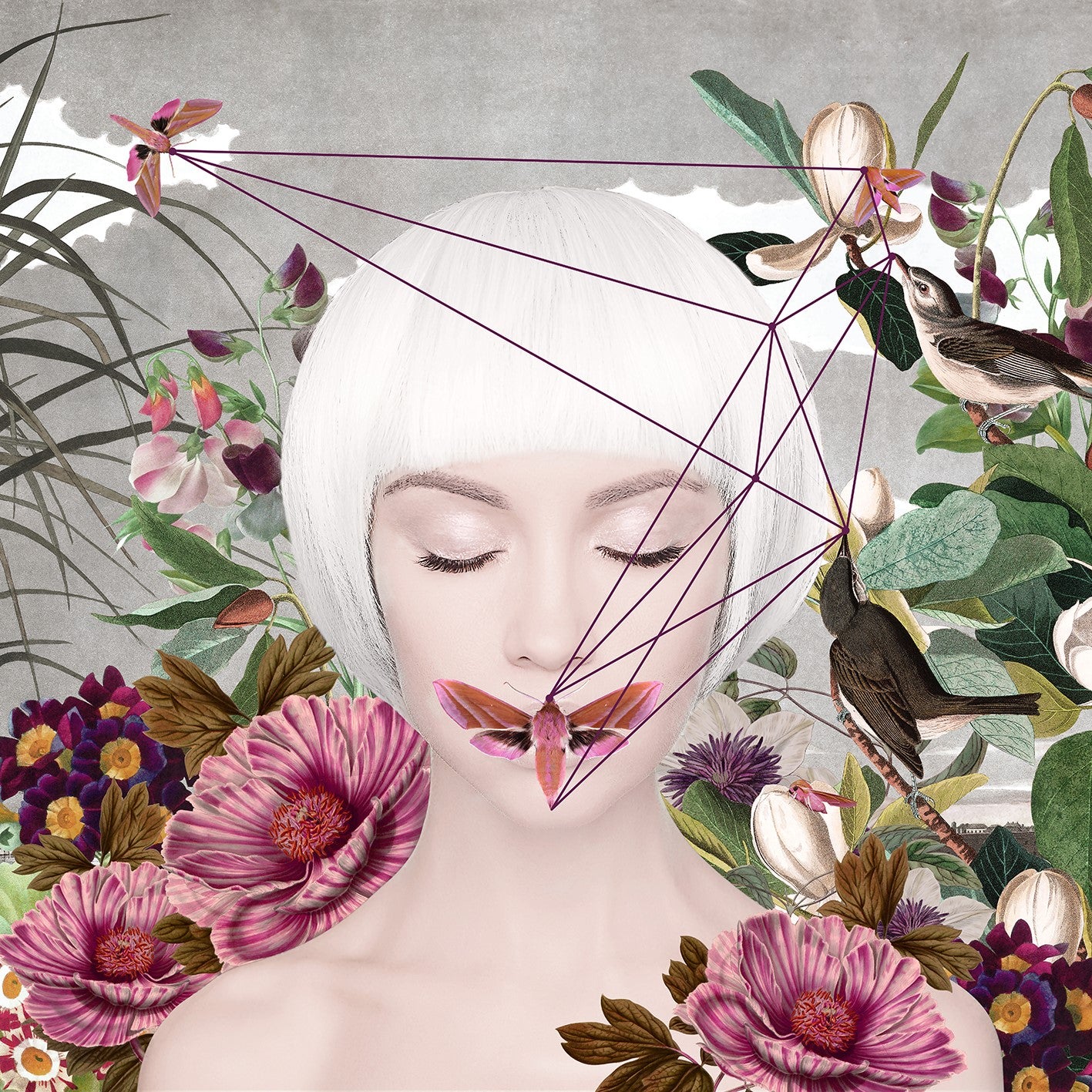 Alexandra Gallagher print of figure & flowers, birds & butterflies