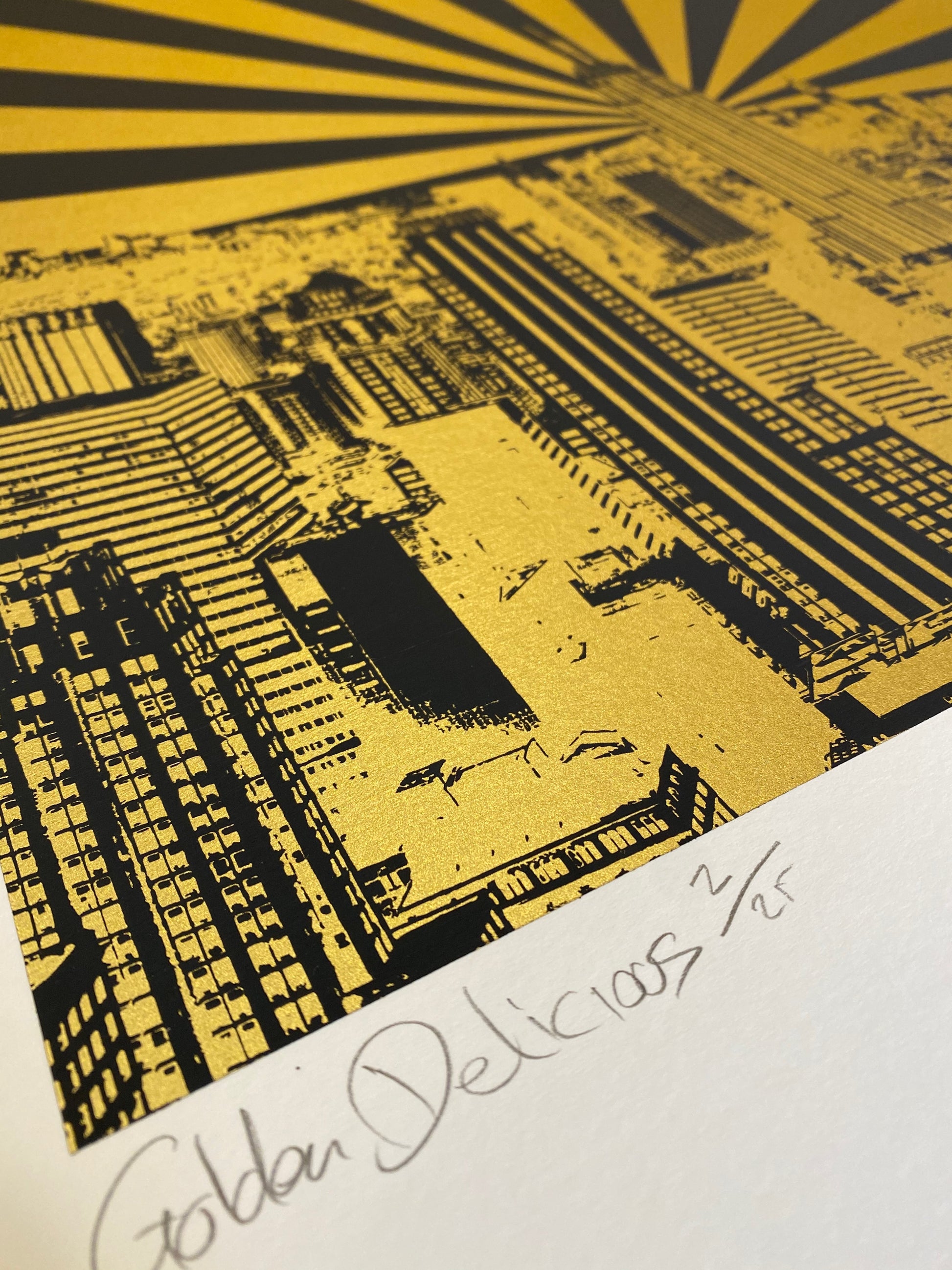 jayson lilley artist golden delicious screen print of new york city featuring gold leaf and navy stripes