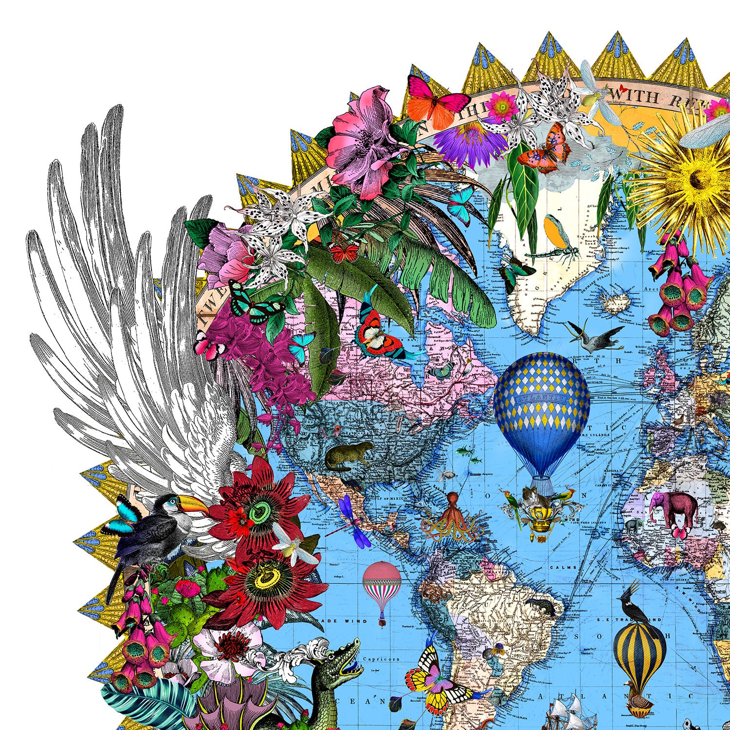 Kristjana Williams- Artist, Here Be Dragons- Svifandi Blue World, Limited edition, Print, Map, Dragons, Animals, Mythical, Flowers, Essex Art Gallery- TAP Galleries