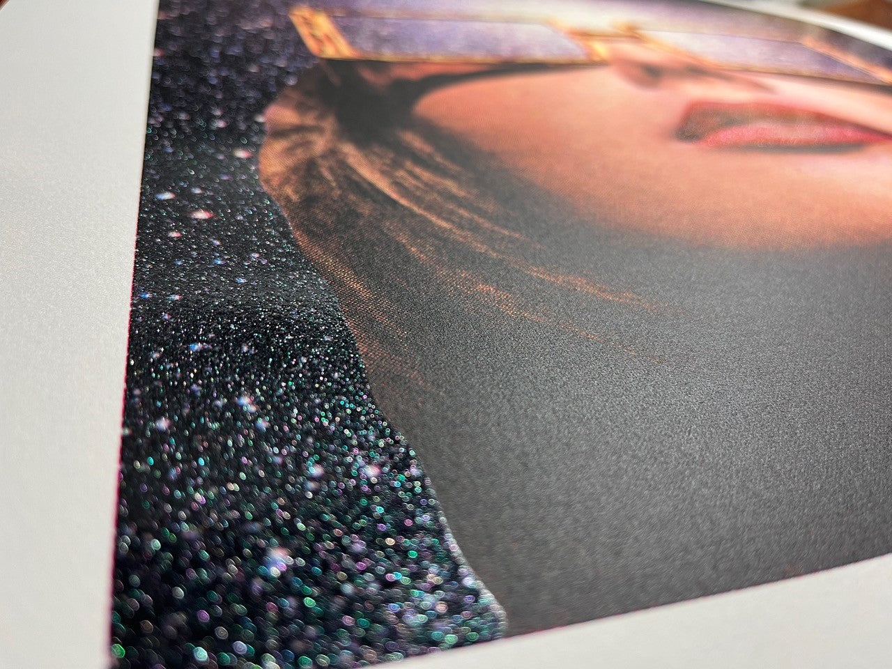 Artist Joe Webb collage artwork silkscreen print mind blow lady face lips gold glasses space background
