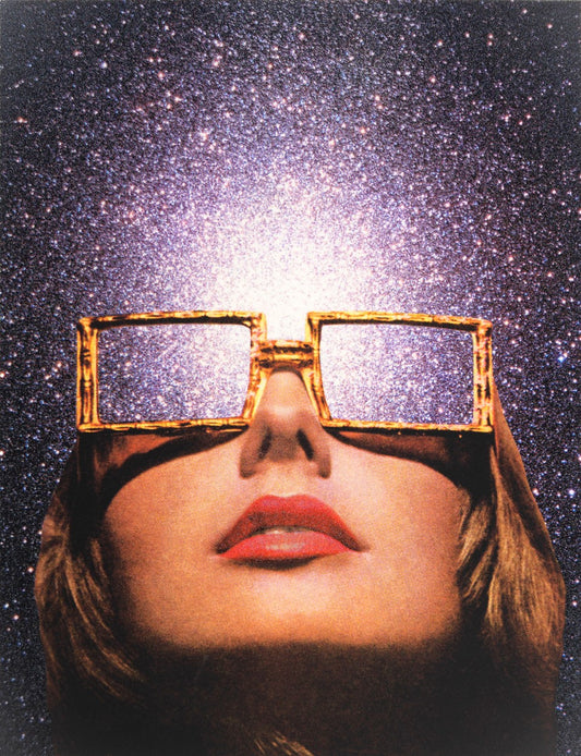 Artist Joe Webb collage artwork silkscreen print mind blow lady face lips gold glasses space background