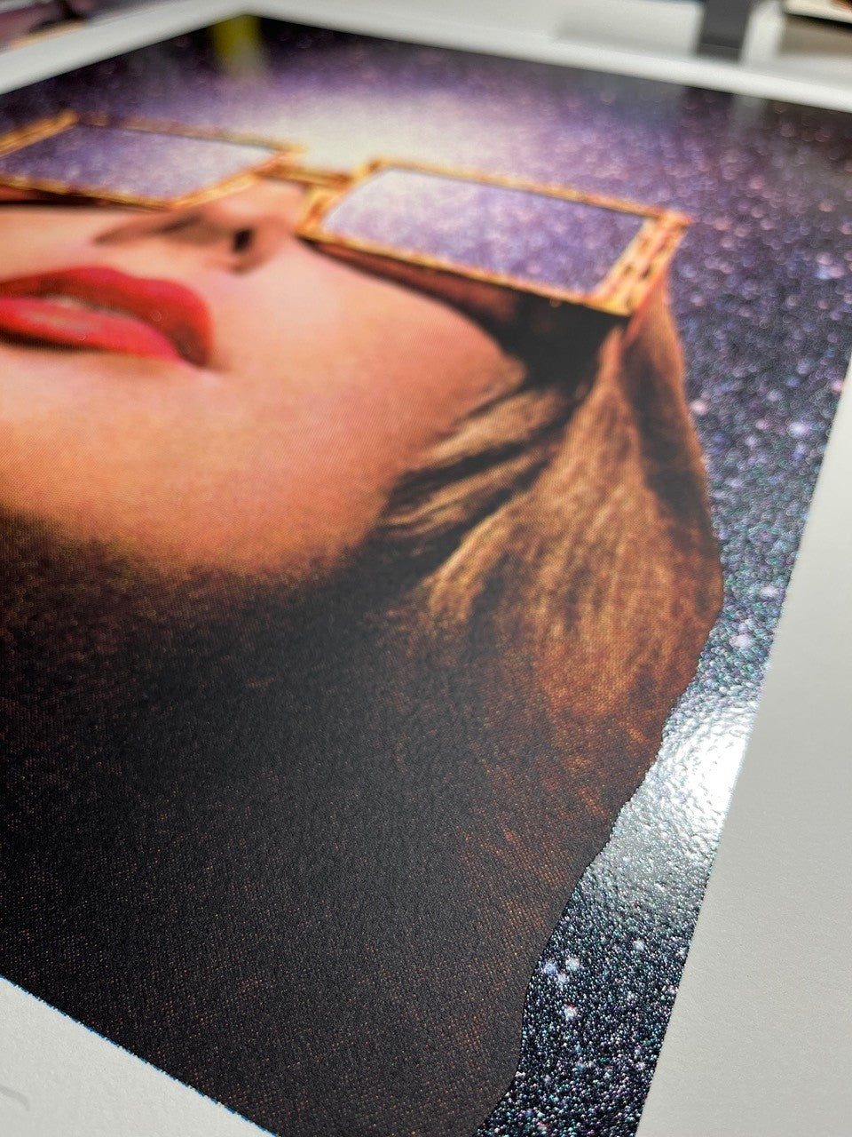 Artist Joe Webb collage artwork silkscreen print mind blow lady face lips gold glasses space background