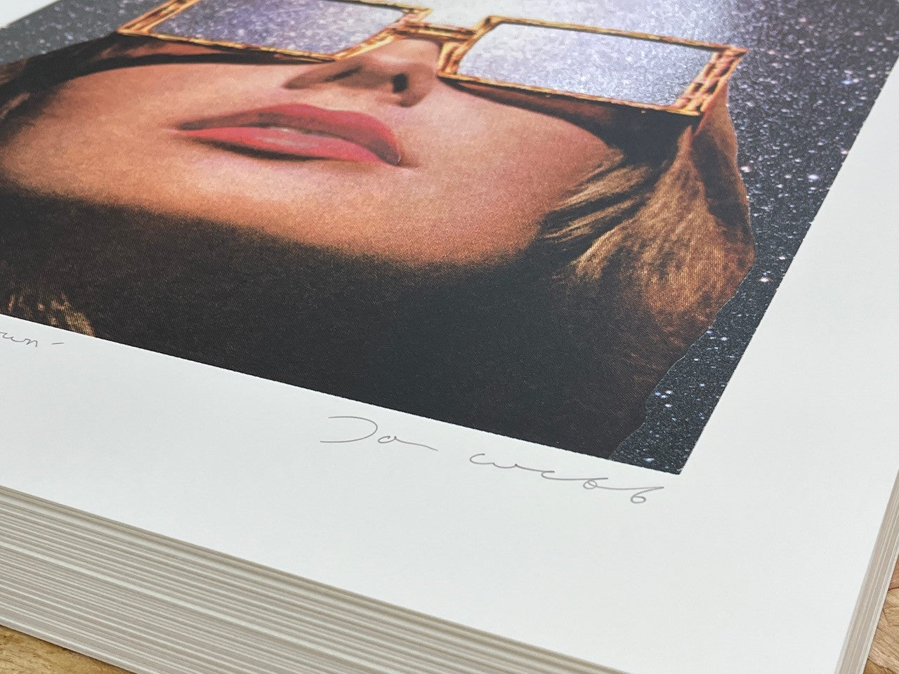 Artist Joe Webb collage artwork silkscreen print mind blow lady face lips gold glasses space background