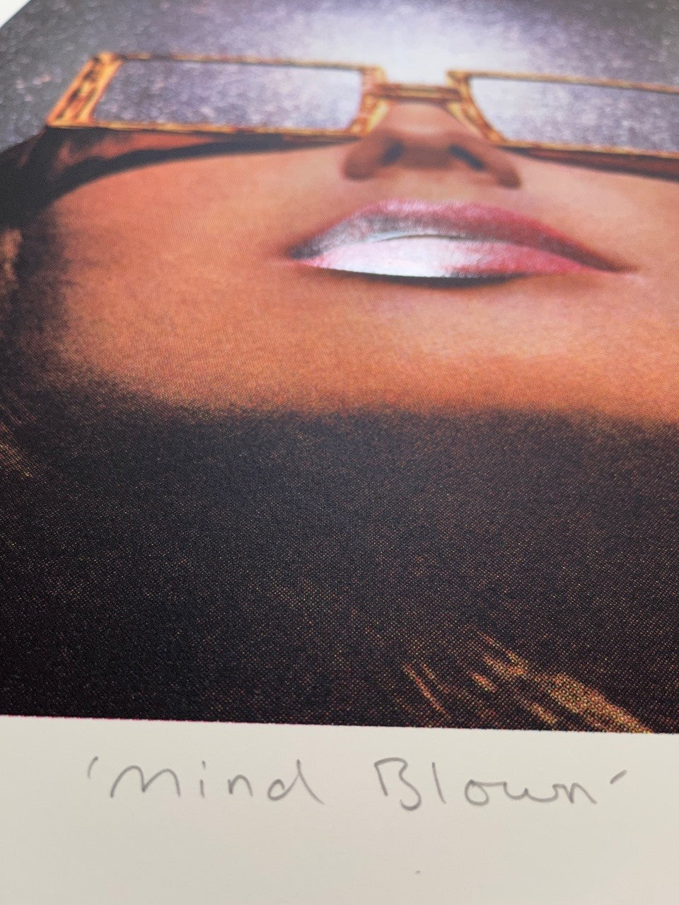 Artist Joe Webb collage artwork silkscreen print mind blow lady face lips gold glasses space background
