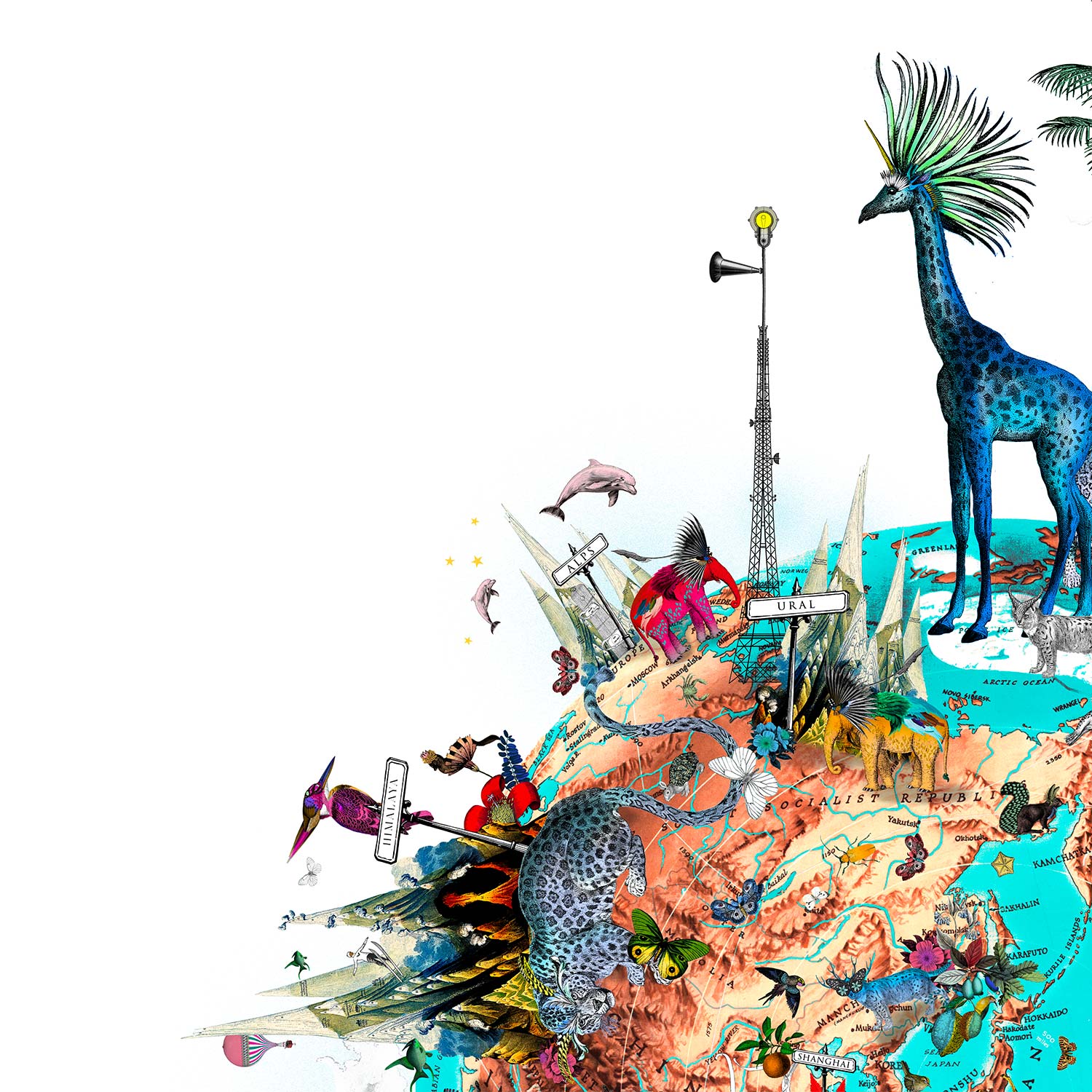 mountain of giraffe ocean jordin II blue and brown globe of the world covered in giraffes leopards hot air balloons butterflies birds sea life trees by artist kristjana williams