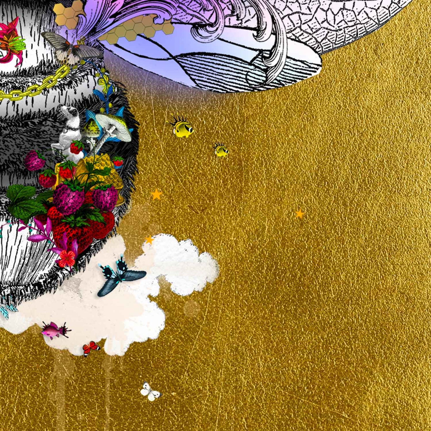 warm golden honey bee limited edition print black and grey honey bee with purple wings covered in bright yellow purple red flowers surrounded by butterflies and birds and clouds set on a gold leaf background by artist Kristjana Williams