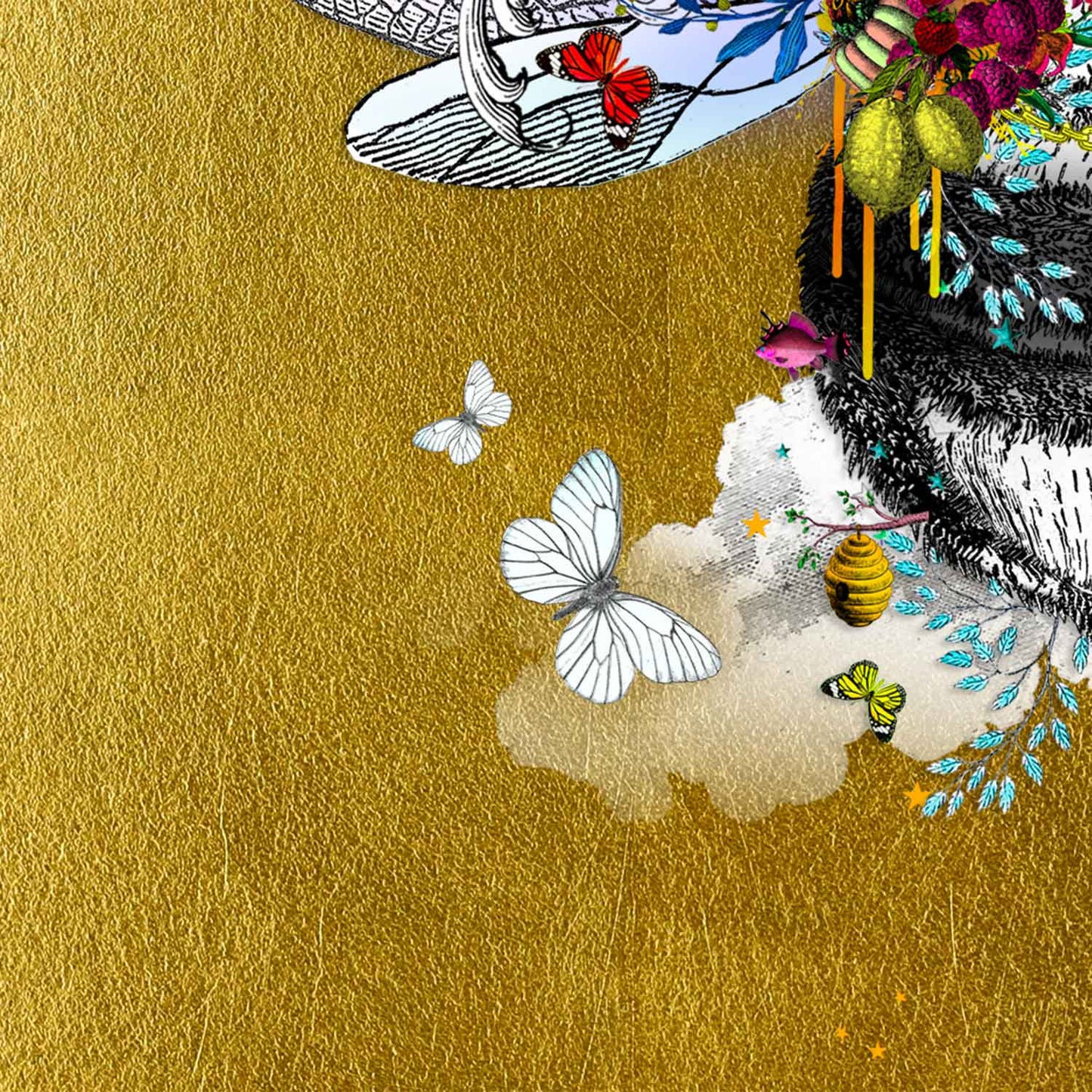 warm golden honey bee limited edition print black and grey honey bee with purple wings covered in bright yellow purple red flowers surrounded by butterflies and birds and clouds set on a gold leaf background by artist Kristjana Williams