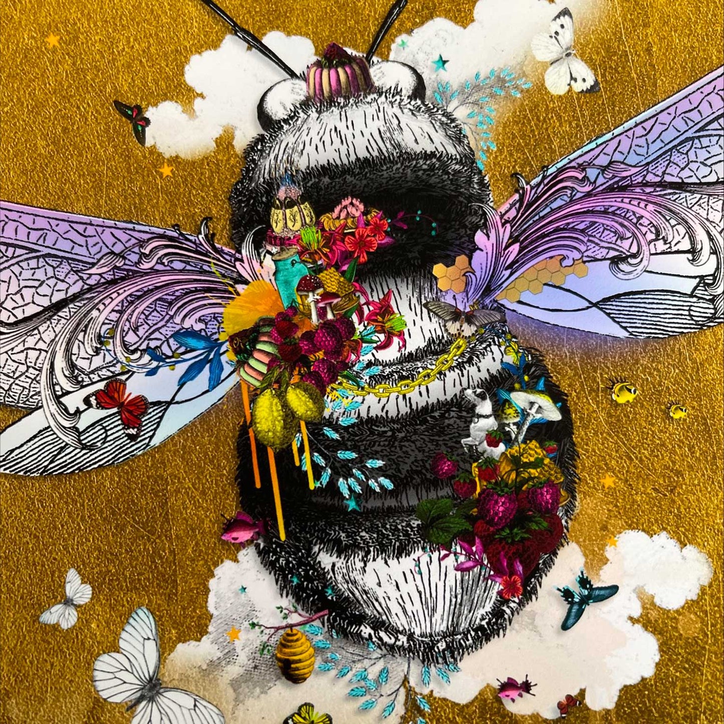 warm golden honey bee limited edition print black and grey honey bee with purple wings covered in bright yellow purple red flowers surrounded by butterflies and birds and clouds set on a gold leaf background by artist Kristjana Williams