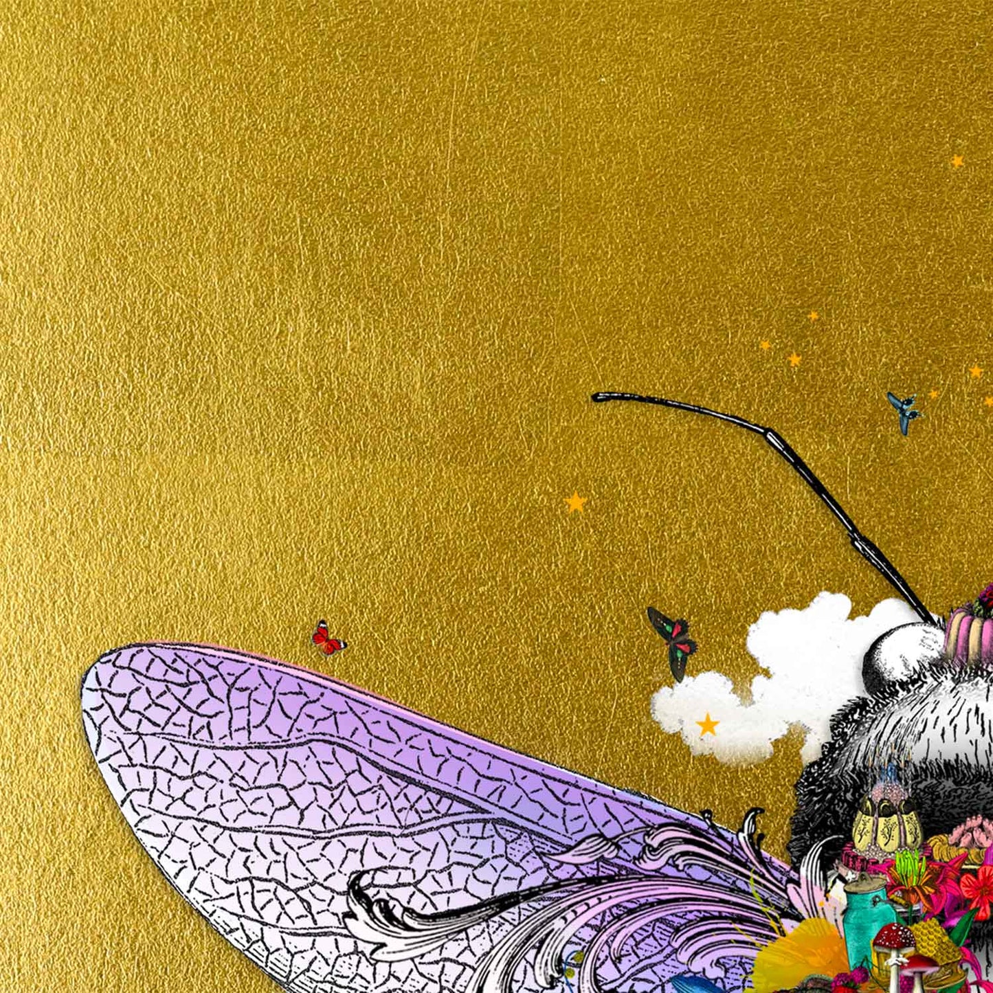 warm golden honey bee limited edition print black and grey honey bee with purple wings covered in bright yellow purple red flowers surrounded by butterflies and birds and clouds set on a gold leaf background by artist Kristjana Williams