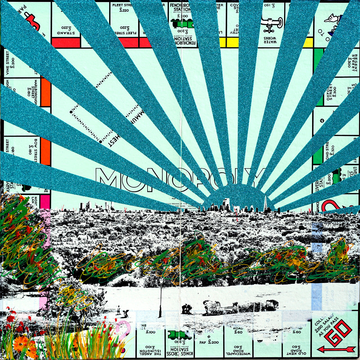 Jayson Lilley, Artist, I'm On Alexandra Palace, Monopoly Board, London, Turquoise, Glitter, Flowers, TAP Galleries, Essex, Chelmsford Art Gallery