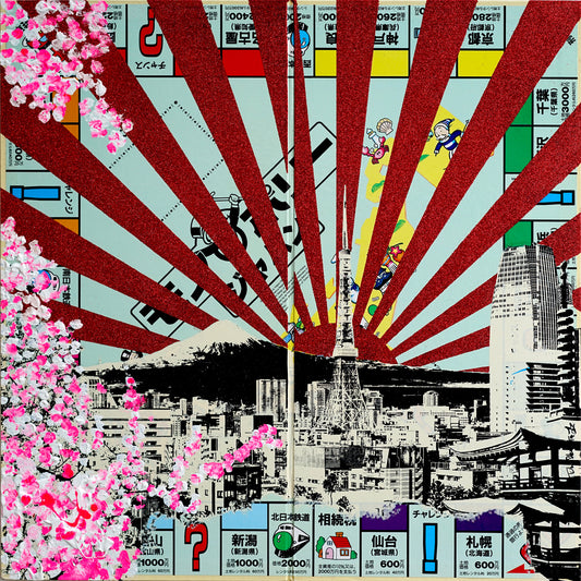 Jayson Lilley, Artist, Tokyo Blossoms, Monopoly Board, Red, Glitter, Flowers, TAP Galleries, Essex, Chelmsford Art Gallery