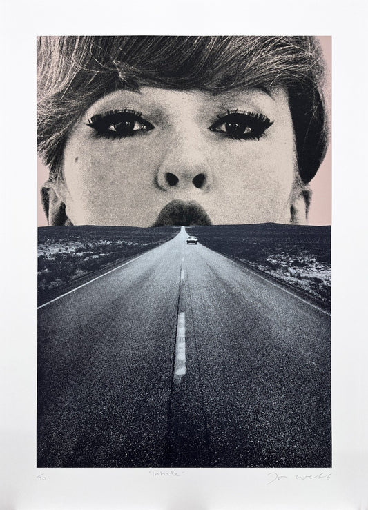 Joe Webb, Artist, Inhale, Paper size, Silkscreen , Limited edition, Black and white, Women, Road, Car, TAP Galleries, Essex Chelmsford Shenfield Art Gallery