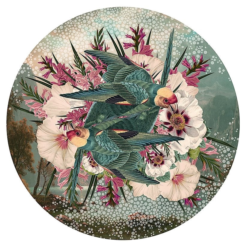 Alexandra Gallagher print of birds & flowers, green & pink
