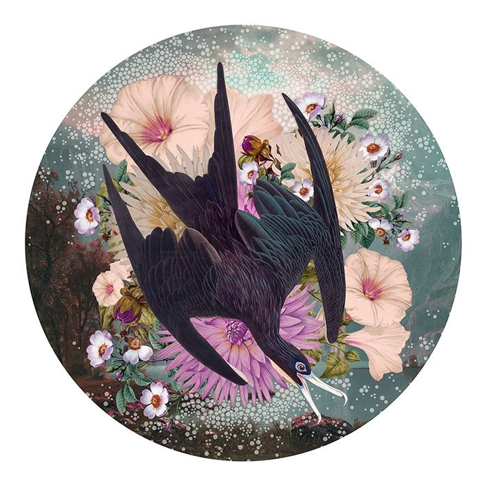 Alexandra Gallagher print of birds & flowers, green & pink, purple