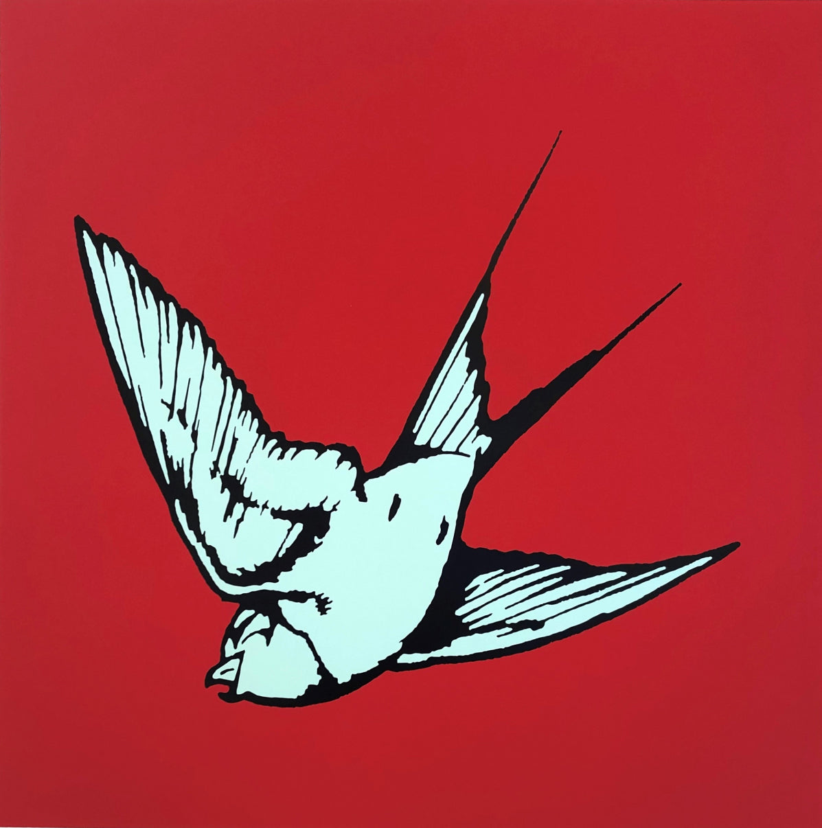 Dan Baldwin limited edition print of Mint green Hummingbird on a red background