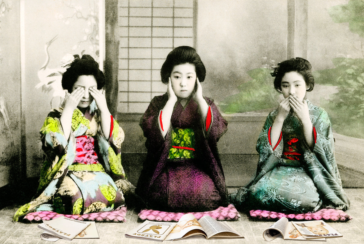 Gavin Mitchell, Artist, See No Hear No Speak No- Gold, Limited edition print, Geisha girls, Essex Art Gallery, TAP Galleries