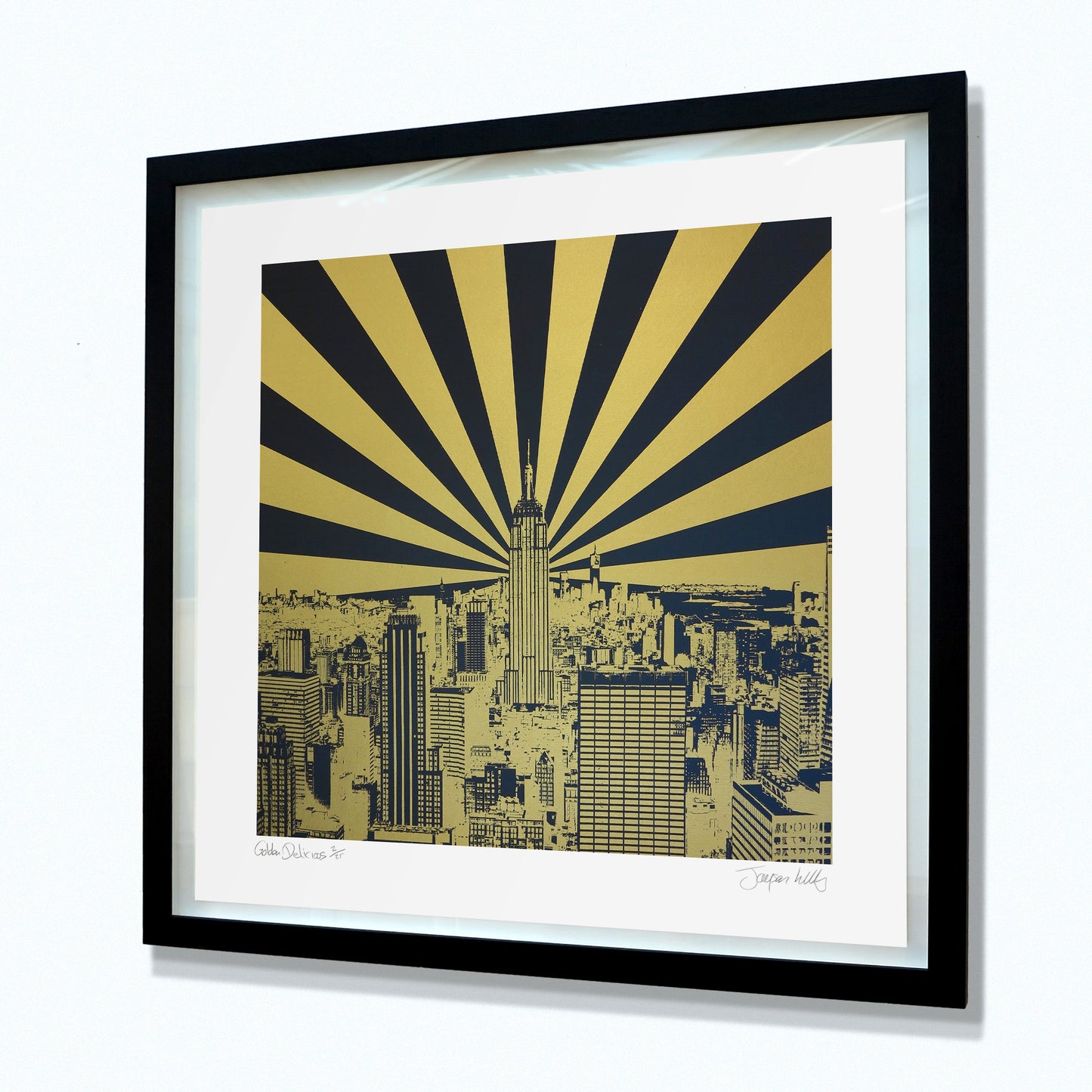 jayson lilley artist golden delicious screen print of new york city featuring gold leaf and navy stripes