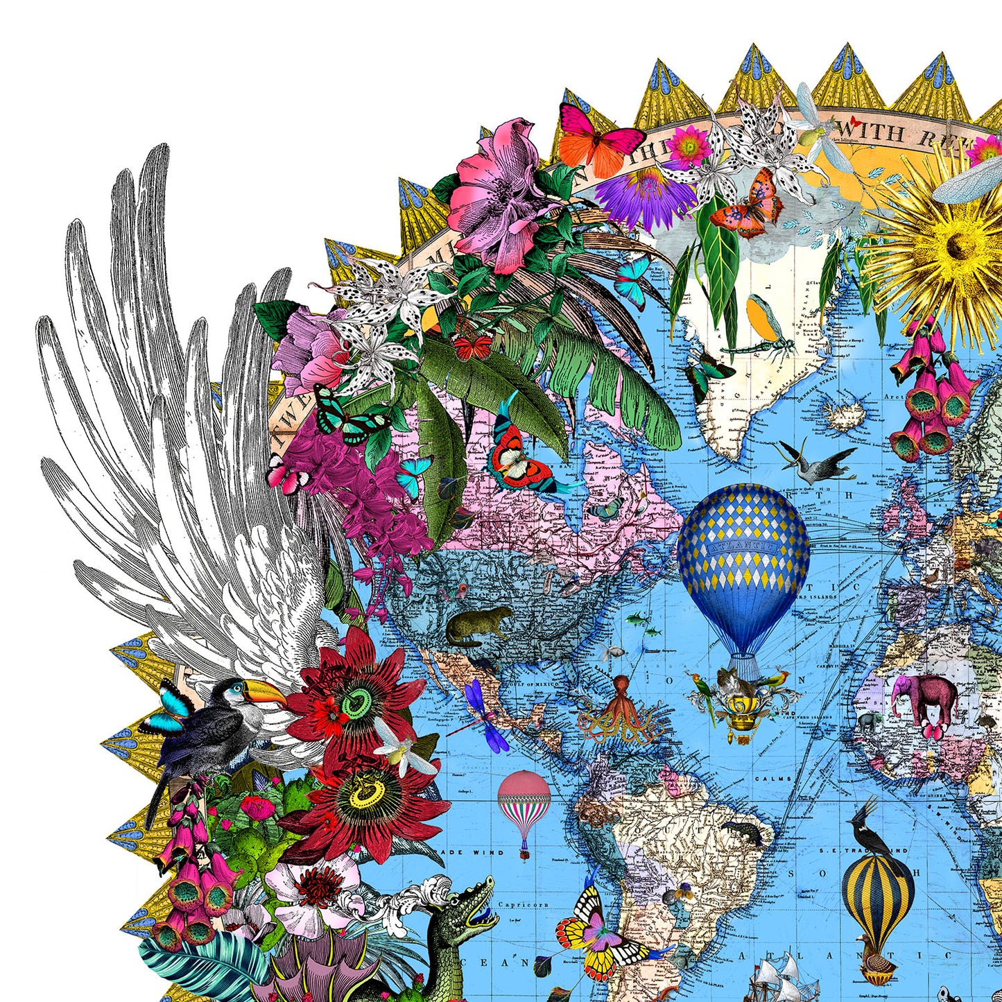 Kristjana Williams- Artist, Here Be Dragons- Svifandi Blue World, Limited edition, Print, Map, Dragons, Animals, Mythical, Flowers, Essex Art Gallery- TAP Galleries