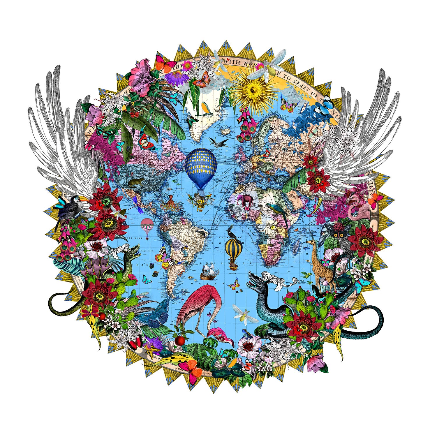 Kristjana Williams- Artist, Here Be Dragons- Svifandi Blue World, Limited edition, Print, Map, Dragons, Animals, Mythical, Flowers, Essex Art Gallery- TAP Galleries
