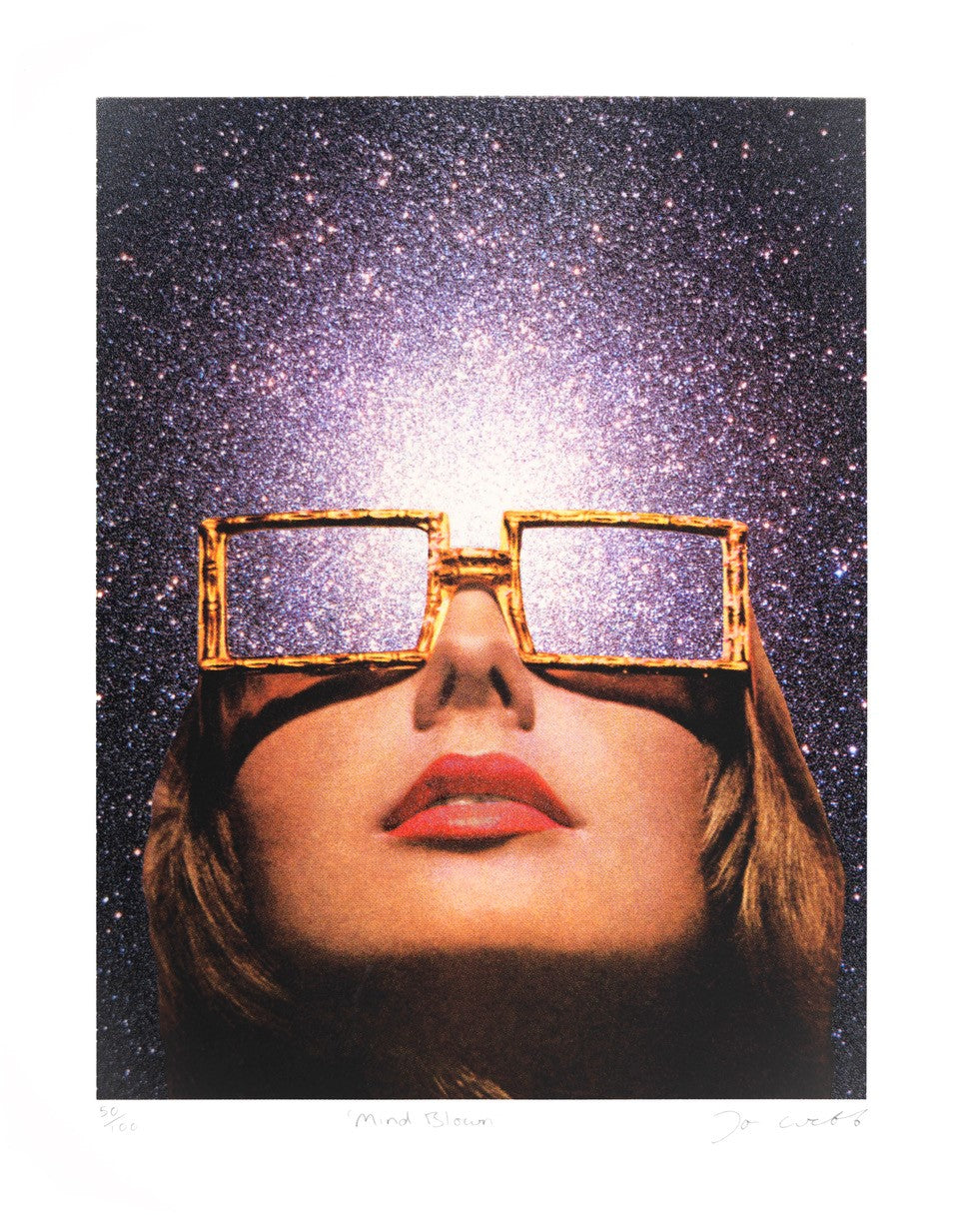 Artist Joe Webb collage artwork silkscreen print mind blow lady face lips gold glasses space background