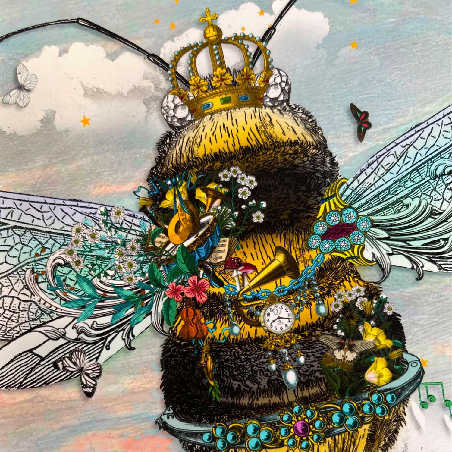 cool sky queen bee limited edition print yellow and black bumble bee wearing a crown surrounded by butterflies dragonflies birds and flowers on a blue peach sunset calm sky by artist kristjana williams 