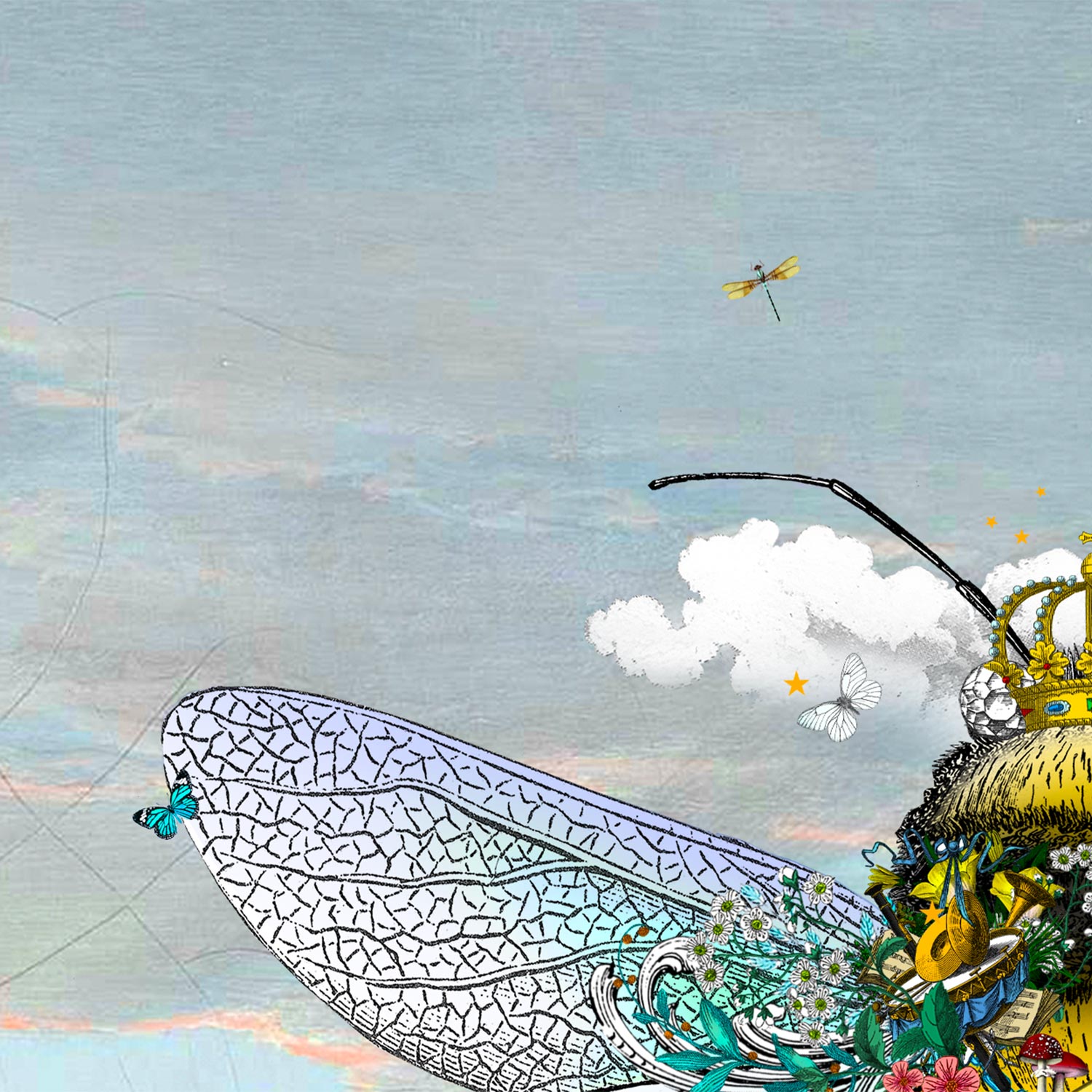 cool sky queen bee limited edition print yellow and black bumble bee wearing a crown surrounded by butterflies dragonflies birds and flowers on a blue peach sunset calm sky by artist kristjana williams 