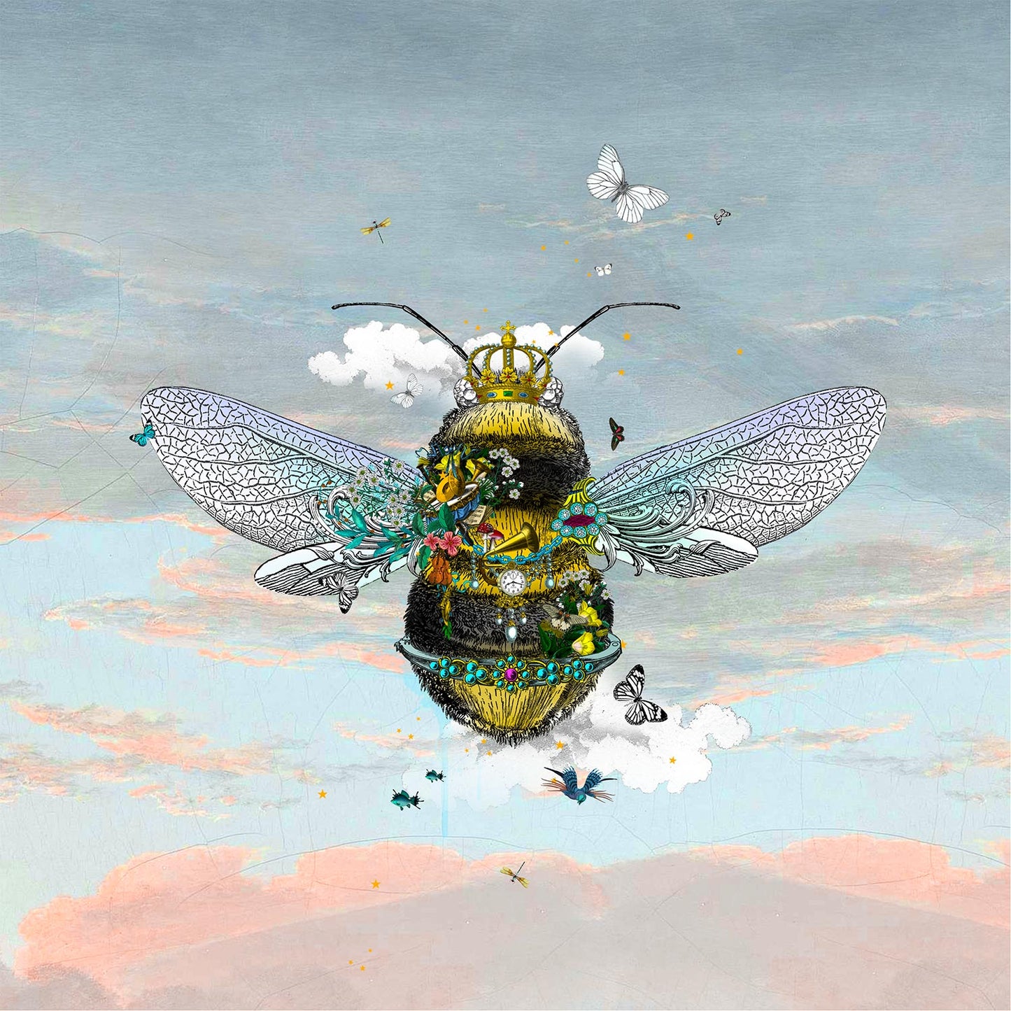 cool sky queen bee limited edition print yellow and black bumble bee wearing a crown surrounded by butterflies dragonflies birds and flowers on a blue peach sunset calm sky by artist kristjana williams 