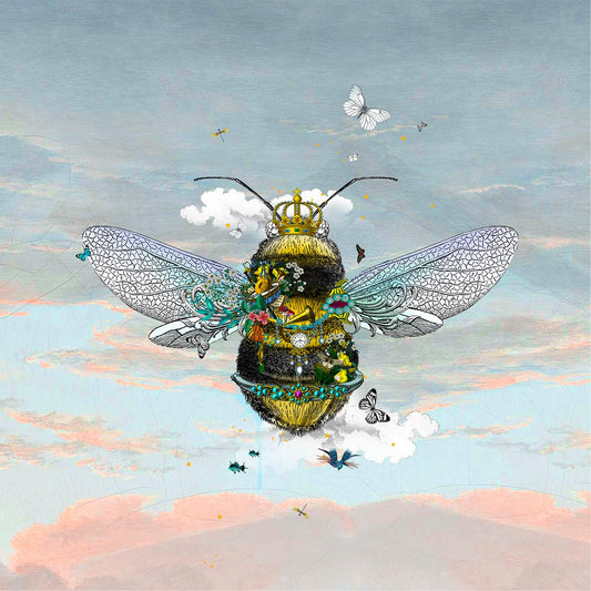 cool sky queen bee limited edition print yellow and black bumble bee wearing a crown surrounded by butterflies dragonflies birds and flowers on a blue peach sunset calm sky by artist kristjana williams 