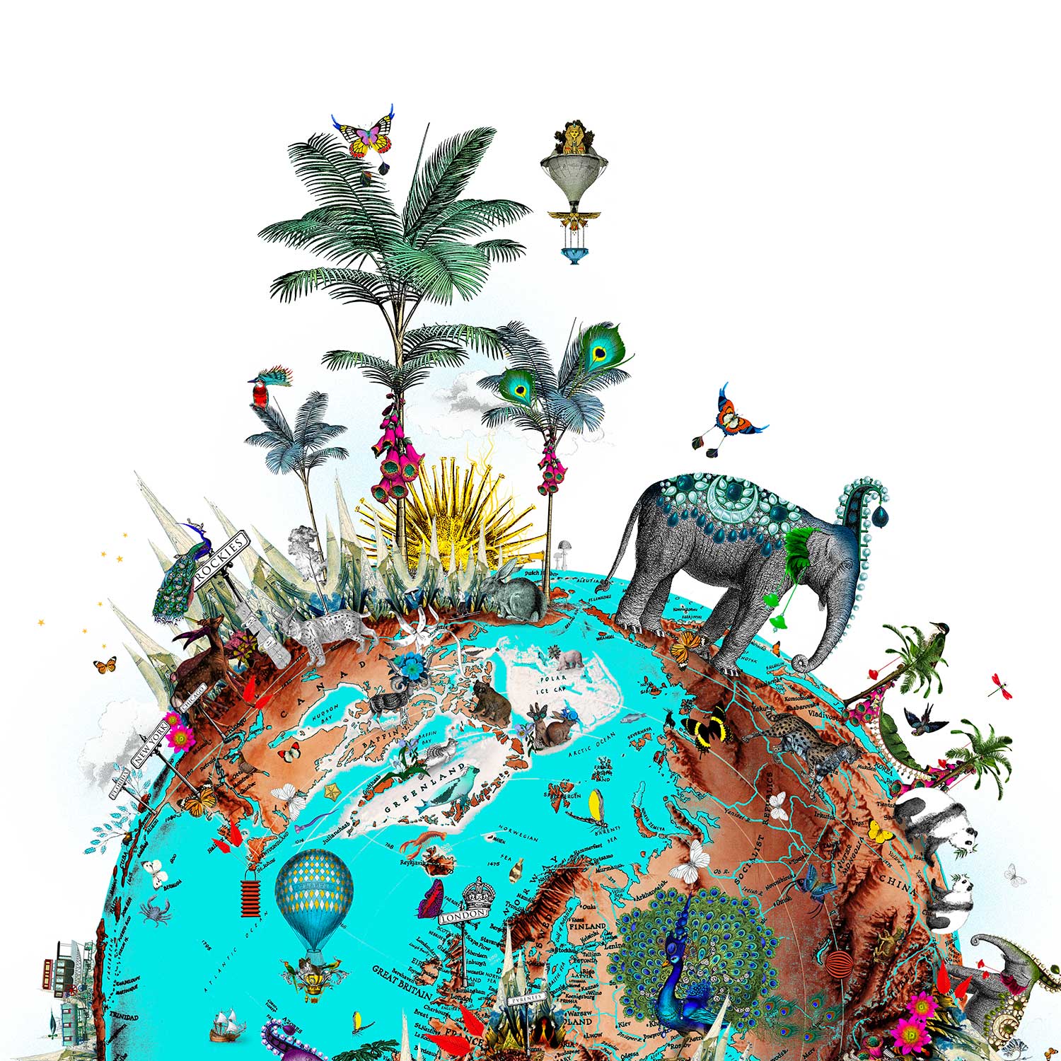 mountain og elephant ocean jordin I blue and brown globe of the world decorated in plants landmarks elephants flowers butterflies and hot air balloons by artist Kristjana Williams 