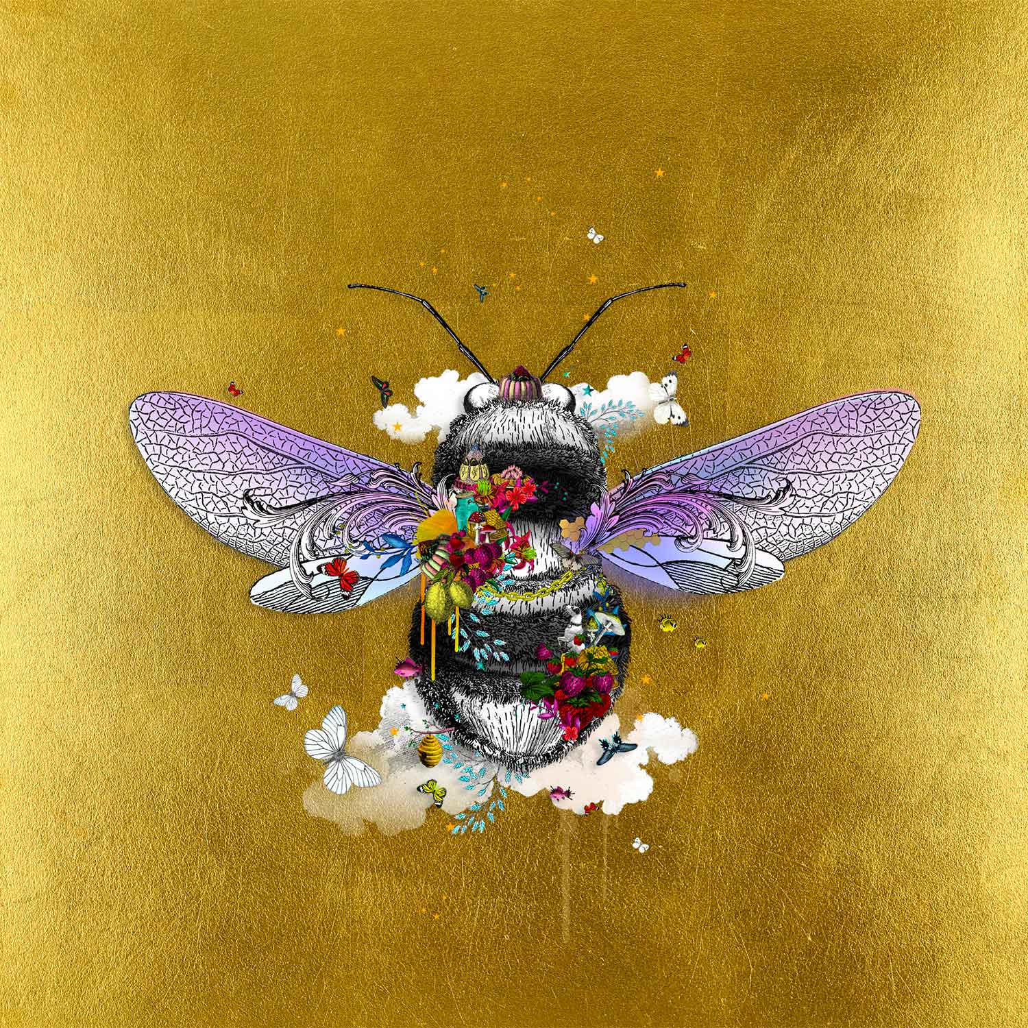 warm golden honey bee limited edition print black and grey honey bee with purple wings covered in bright yellow purple red flowers surrounded by butterflies and birds and clouds set on a gold leaf background by artist Kristjana Williams