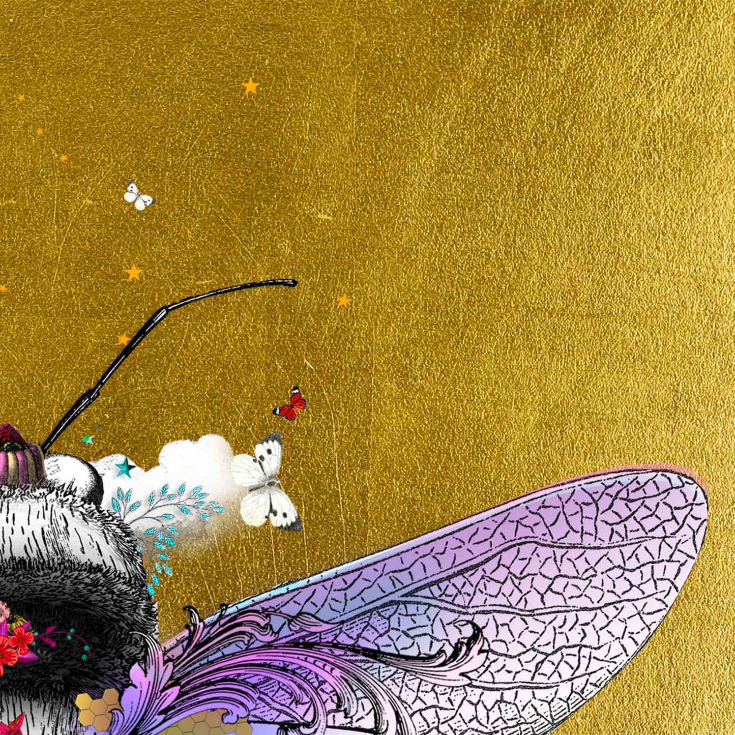 warm golden honey bee limited edition print black and grey honey bee with purple wings covered in bright yellow purple red flowers surrounded by butterflies and birds and clouds set on a gold leaf background by artist Kristjana Williams