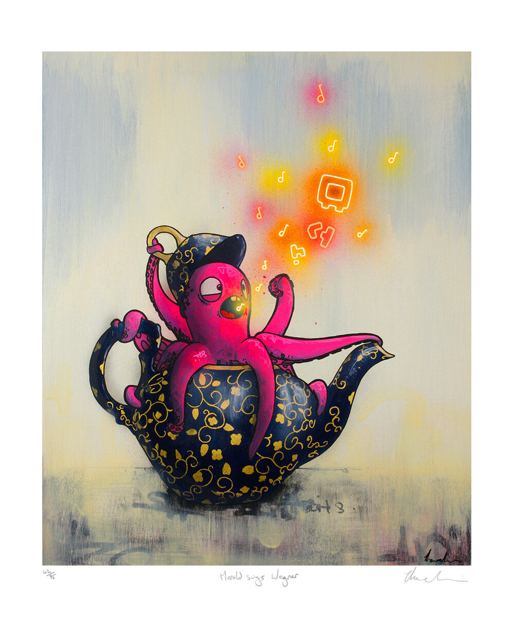 Tom Lewis Manga art - a pink Octopus in a teapot
