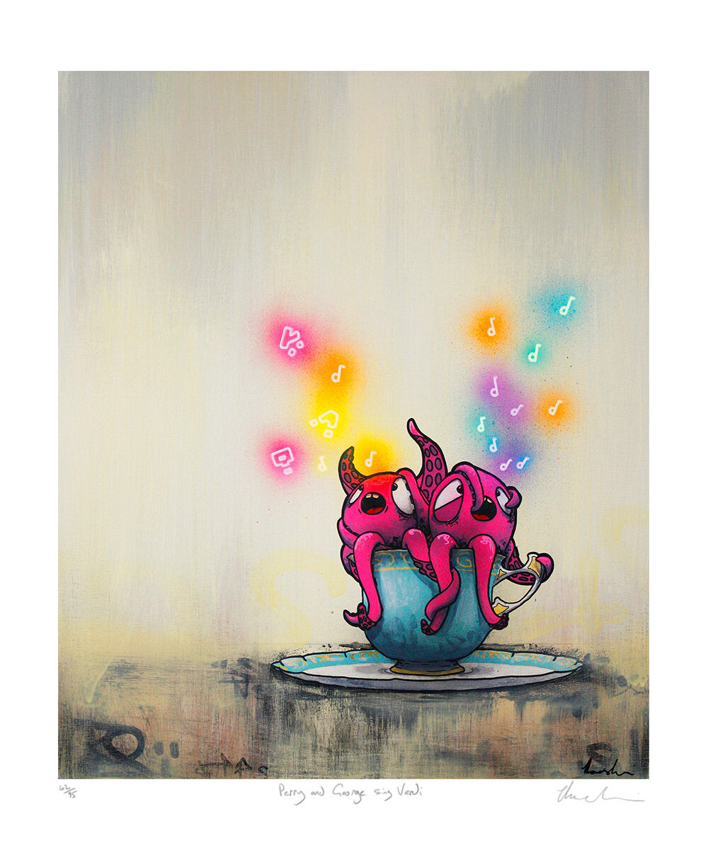 Tom Lewis Manga art - 2 pink Octopuses in a teacup